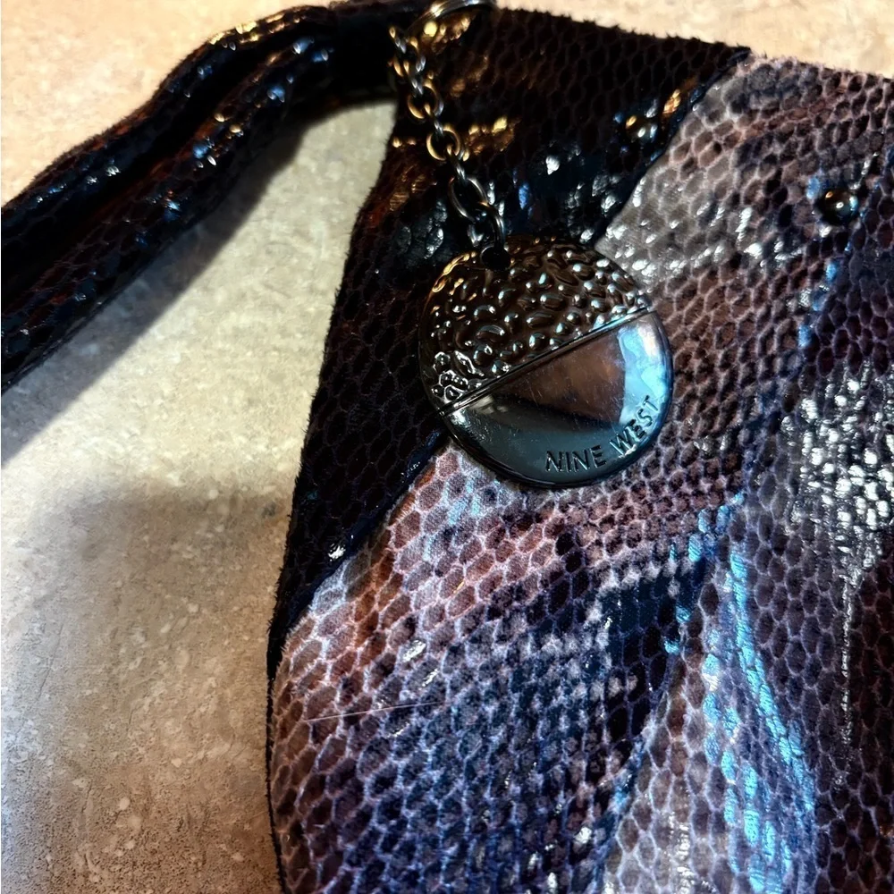 NINE WEST Faux Python Snake Print Black Metallic Clutch